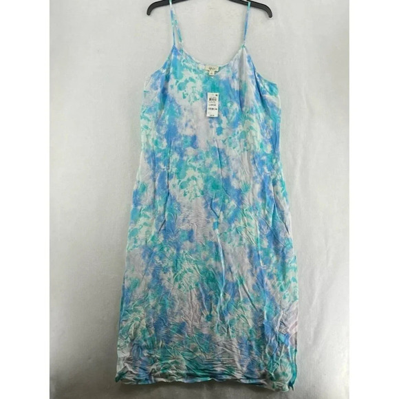 Style & Co Slip Dress Large Blue Citrus Dye Cool Spaghetti Strap V Neck Slit - Picture 1 of 12